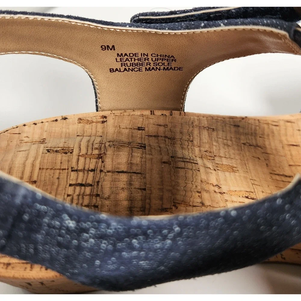 Women's Navy Shimmer Leather Cork Wedge Sandals Adjustable Straps Blue 9M